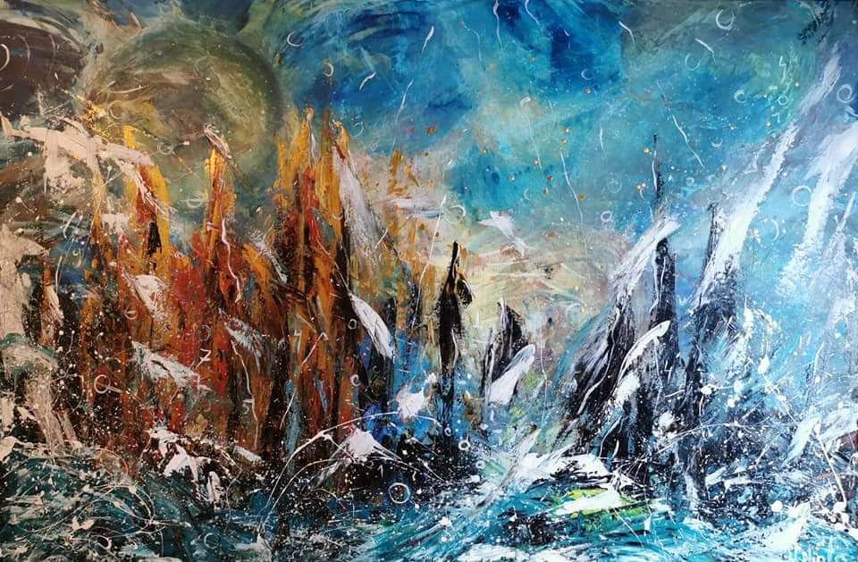 Golden, water, abstract,blue,100*150 cm, acryl, canvas,Puhastus