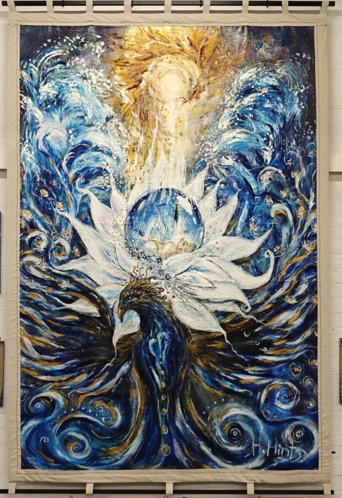 "Its Time", fabric, acrylic, blue bird, child,golden light, lotus flower, 200*300 cm, 2024
